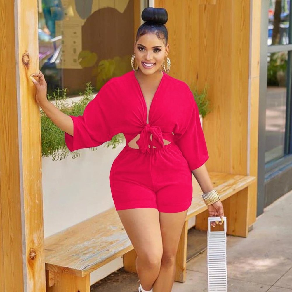 Casual Solid V Neck Short Rompers
